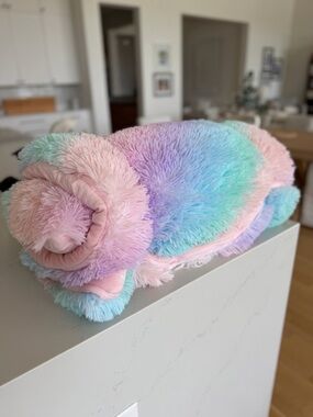 Plush Rainbow Pastel Kids sleeping bag zipper enclosure built in Pillow